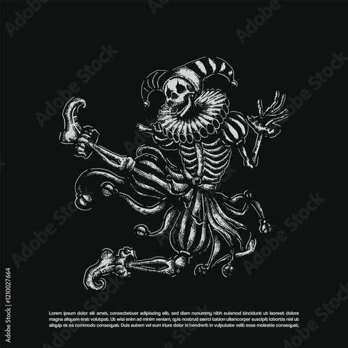 Ink hand drawn dark art skeleton clown. Dancing Jester clown costume isolated on black background