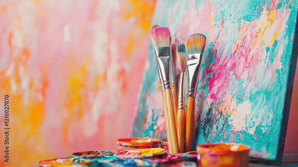 Fototapeta premium Vibrant Brushes and Expressive Palette on Colorful Background