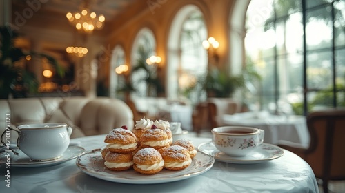 Cream puffs, tea, luxury hotel, afternoon tea, elegant setting photo