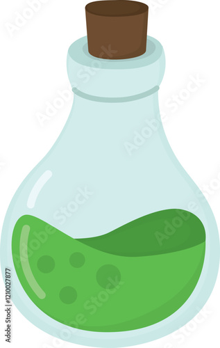 Glass bottle with witch's green potion. Halloween liquid with bubbles