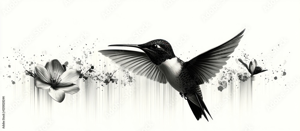 Fototapeta premium Hummingbird floral flight, abstract background, design element