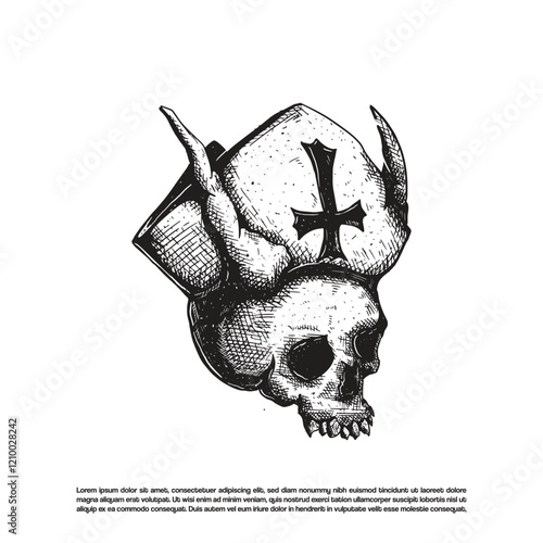hand-drawn skull adorned with a mitre hat, featuring a prominent cross on the front. Antichrist devil vector