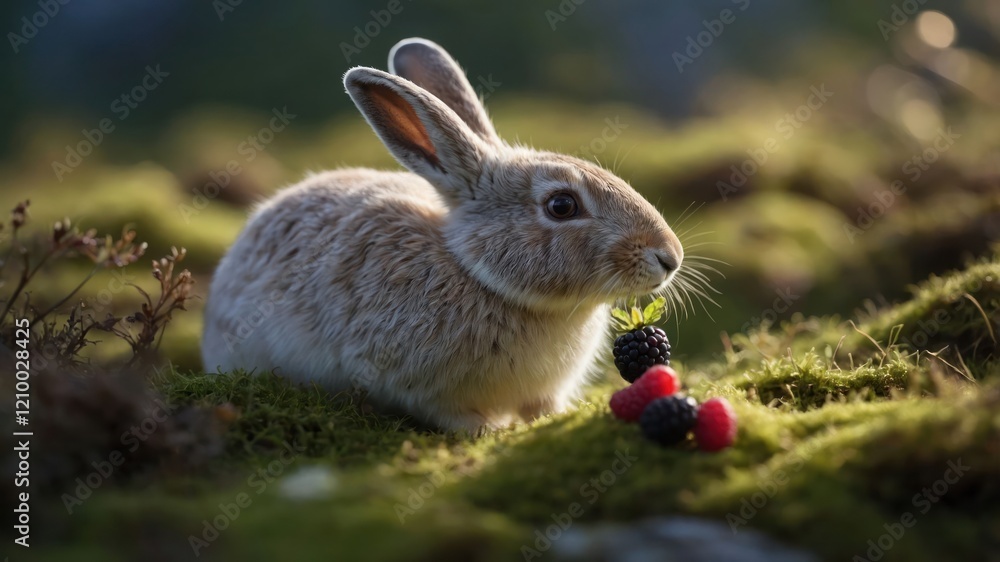 Fototapeta premium A rabbit sits on mossy ground, surrounded by berries in a serene natural setting.