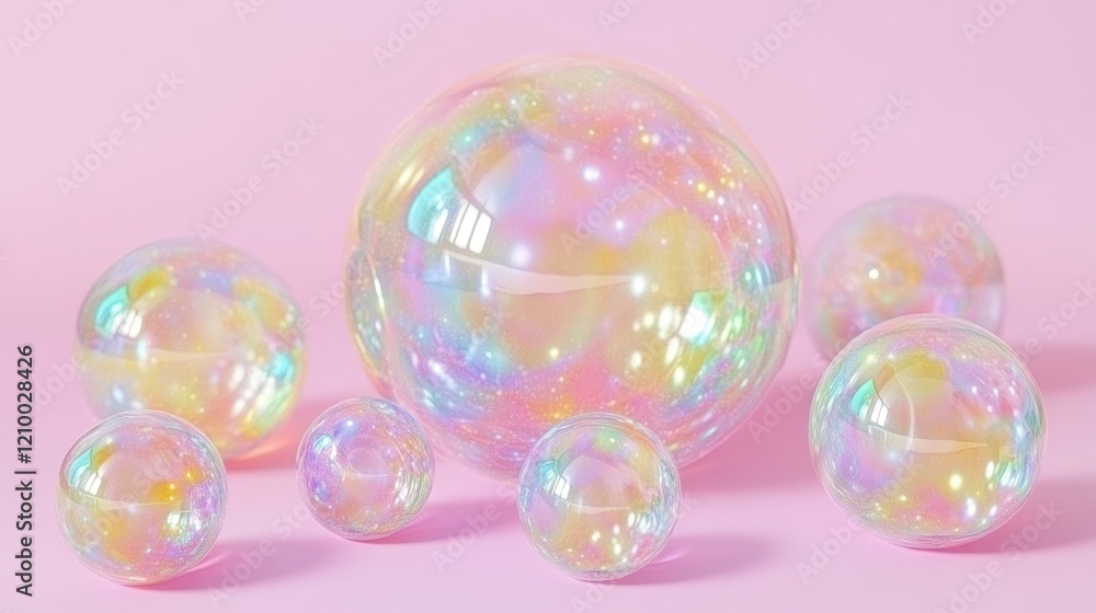 Iridescent soap bubbles on pink background, studio shot, product display Iridescent soap bubbles on pink background, studio shot, product display