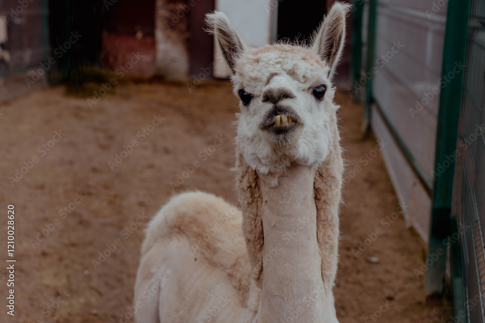 Obraz premium A white llama stands in a fenced area, looking at the camera