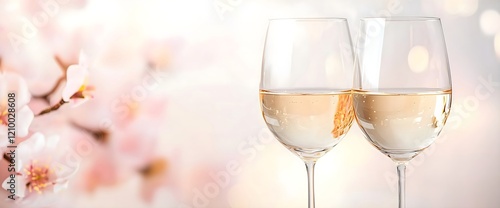 White wine glasses with cherry blossoms, horizontal, ideal for spring celebrations, wedding season, romantic dining and luxury hospitality promotions
