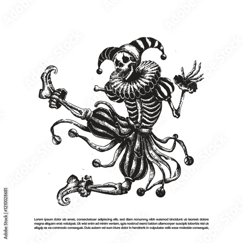Vintage retro grunge dark art skeleton clown. Dancing Jester clown costume vector illustration
