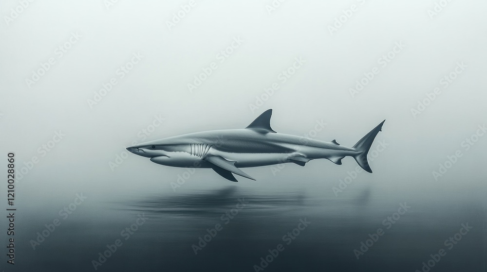 Shark swimming ocean mist, calm water, wildlife documentary Shark swimming ocean mist, calm water, wildlife documentary