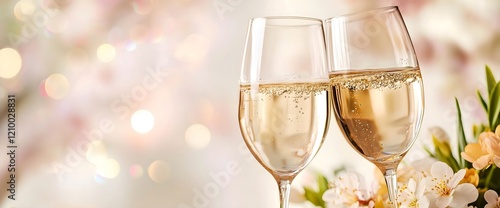 White wine glasses with cherry blossoms, horizontal, ideal for spring celebrations, wedding season, romantic dining and luxury hospitality promotions
