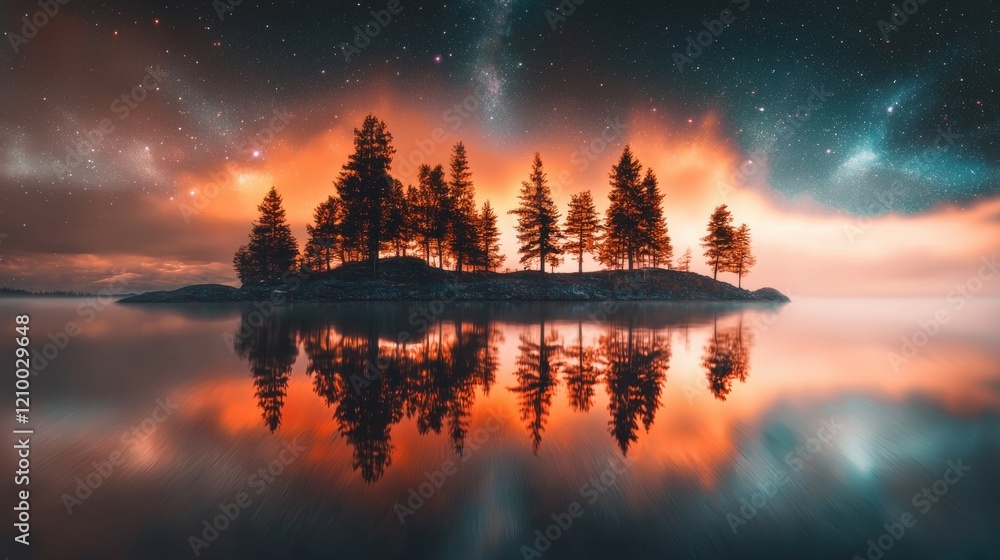 Fototapeta premium Peaceful Lakeside Forest Landscape at Sunset with Reflected Glow