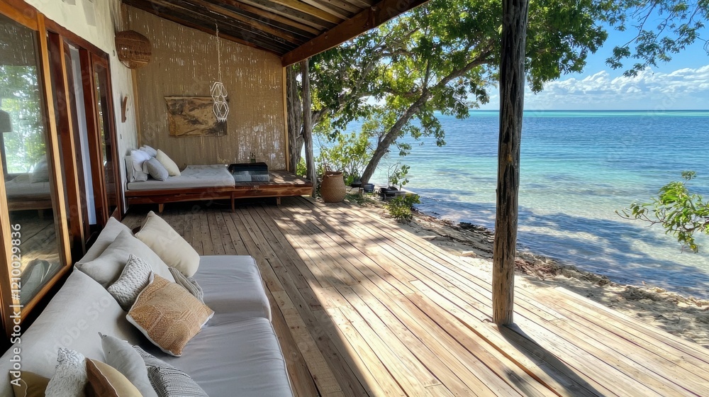 Obraz premium Peaceful Beachfront Bungalow Oasis Offering Tranquil Ocean Views and Luxury Amenities