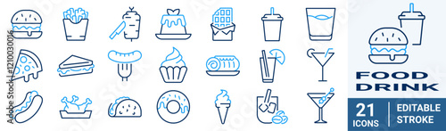 Food and drinks line web icons. Restaurant, Fast food. Burger, donut, pizza, ice cream, coffee. Editable stroke.