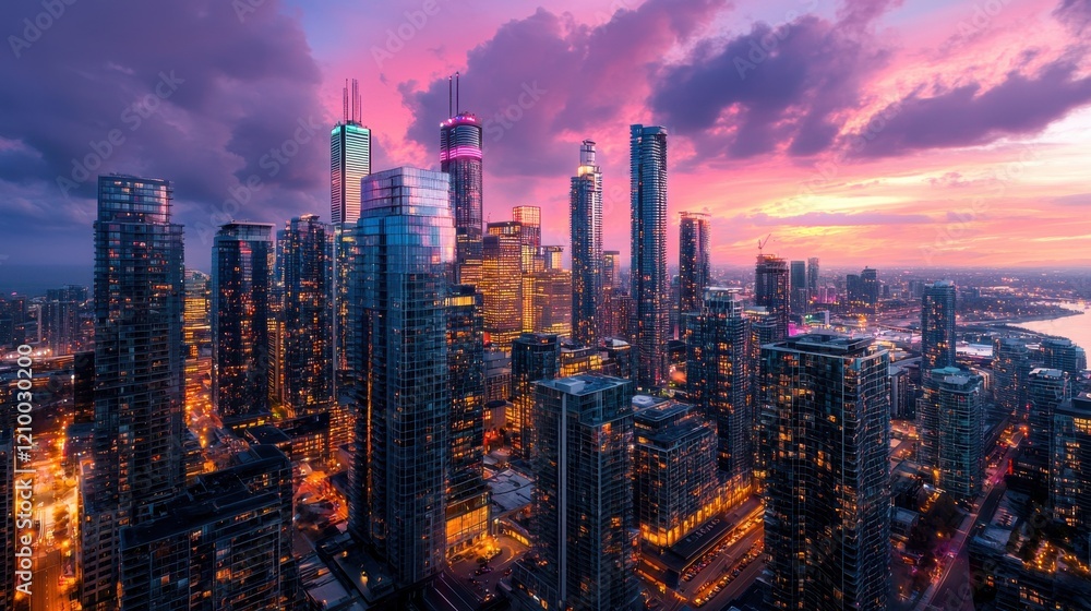 Fototapeta premium Glimmering Cityscape at Sunset with Towering Skyscrapers and Illuminated Streets