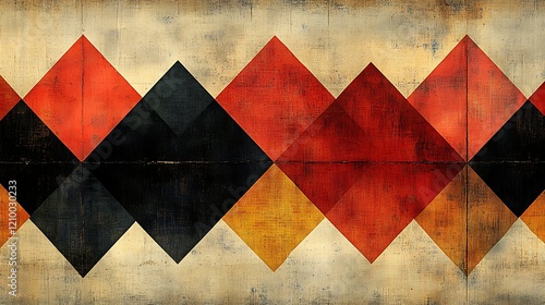 Wallpaper Mural Abstract Geometric Pattern: A captivating horizontal arrangement of textured diamonds in shades of red, black, and gold, set against a vintage-inspired backdrop. Torontodigital.ca