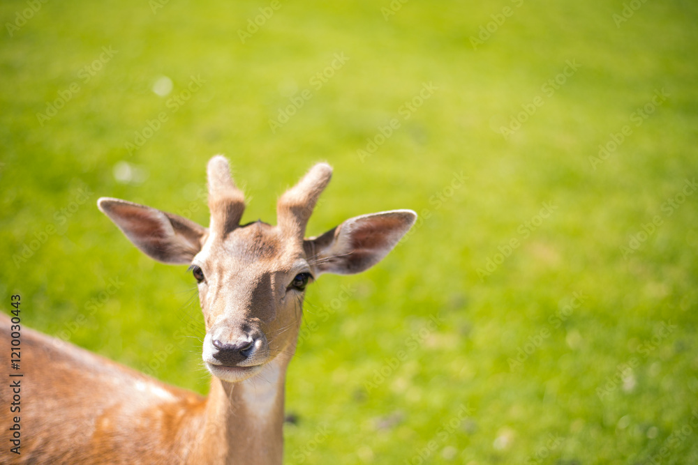 young shy fallow deer playing in the green meadow young shy fallow deer playing in the green meadow