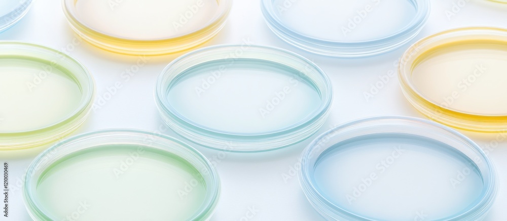 Pastel petri dishes on white background, lab research Pastel petri dishes on white background, lab research
