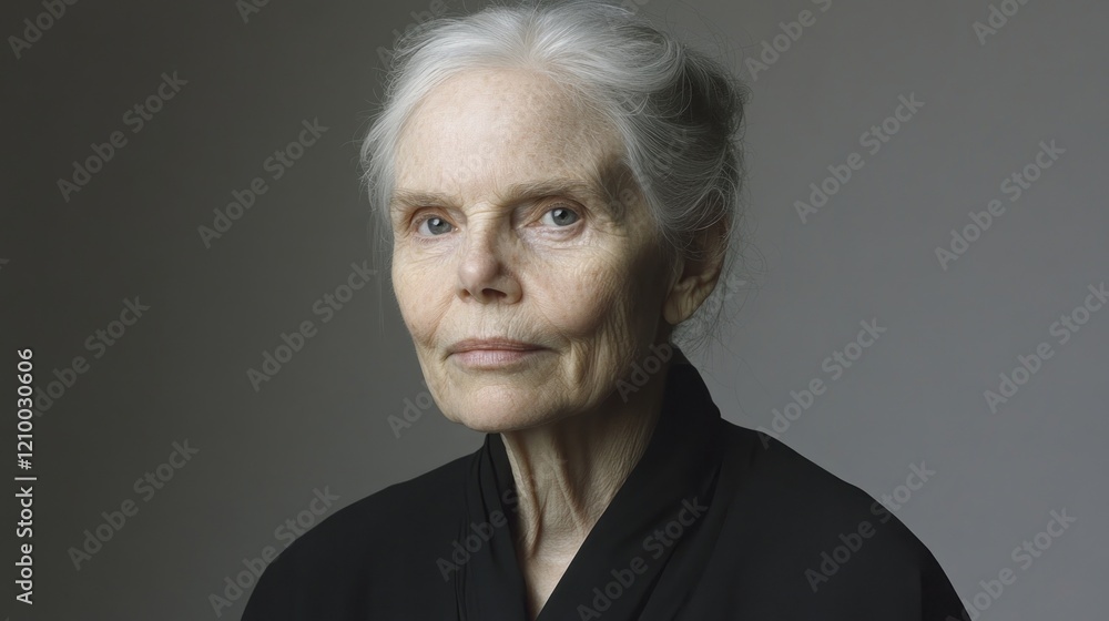 Obraz premium Elegant elderly woman portrait, studio shot, gray background, calm expression, advertising