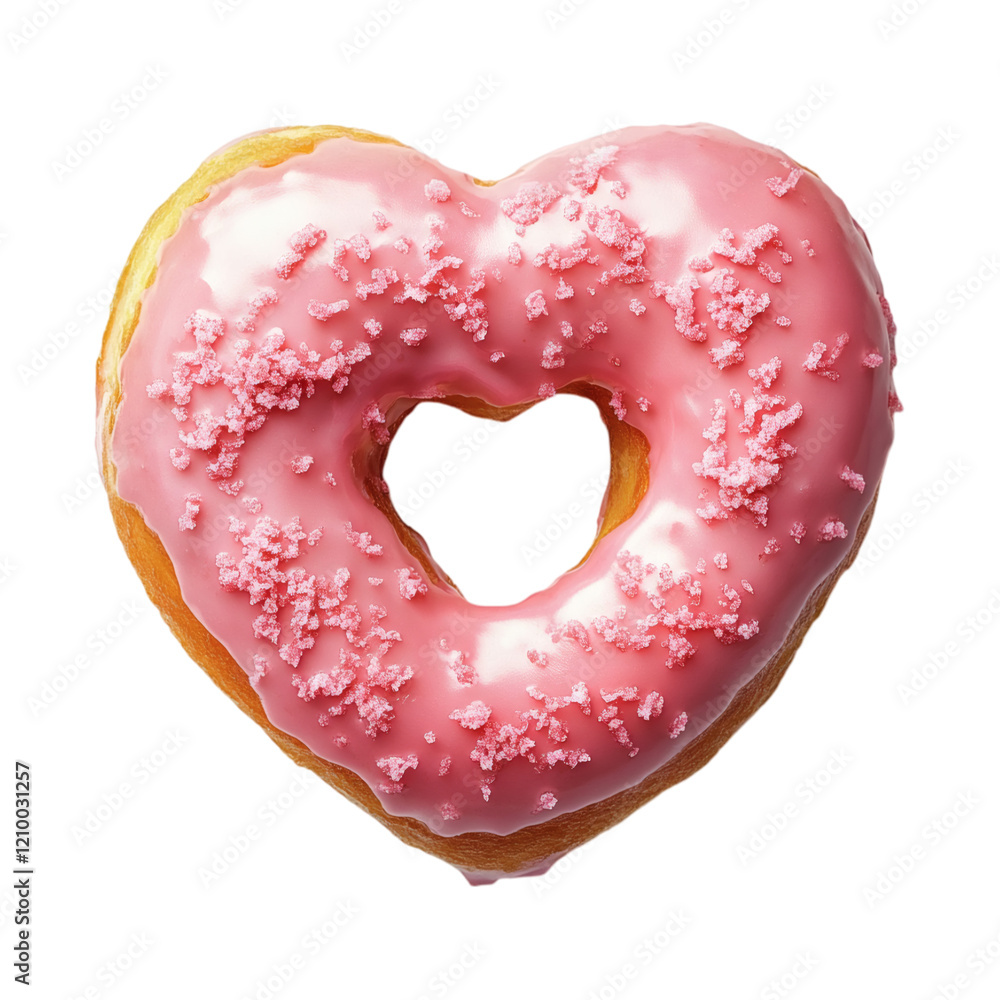 A heart-shaped donut with pink icing, floating on white. A heart-shaped donut with pink icing, floating on white.