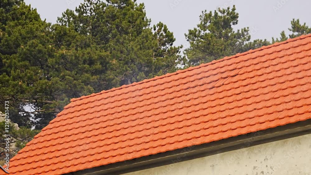 Smoke coming from a smokehouse located under the roof of a house in traditional village Njegusi in Montenegro in winter time Smoke coming from a smokehouse located under the roof of a house in traditional village Njegusi in Montenegro in winter time
