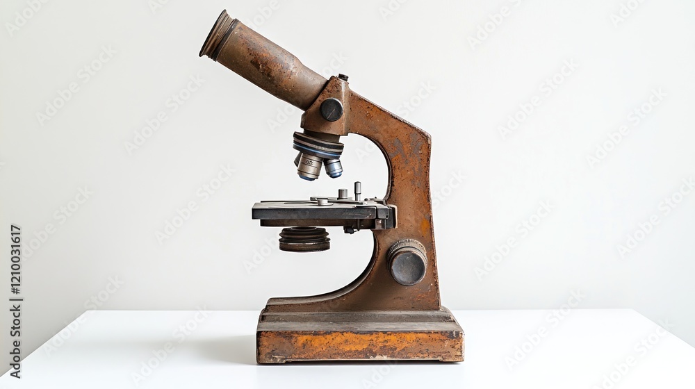 Antique microscope, worn, lab table, white background, science education Antique microscope, worn, lab table, white background, science education