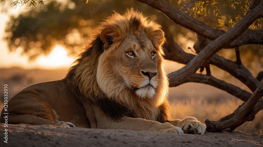 Naklejka premium A majestic lion resting under a tree during sunset, showcasing its regal demeanor.
