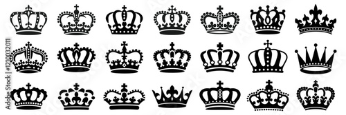 Set of 21 black vector crown silhouettes, isolated on white background