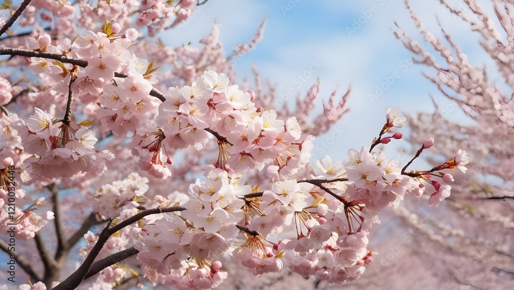 Blooming pink cherry blossoms branch against a clear blue sky Blooming pink cherry blossoms branch against a clear blue sky