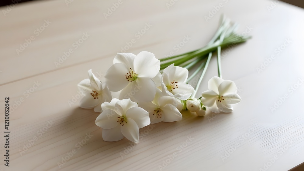 White Flowers on Light Wooden Table, Springtime Bloom, Soft Natural Light White Flowers on Light Wooden Table, Springtime Bloom, Soft Natural Light