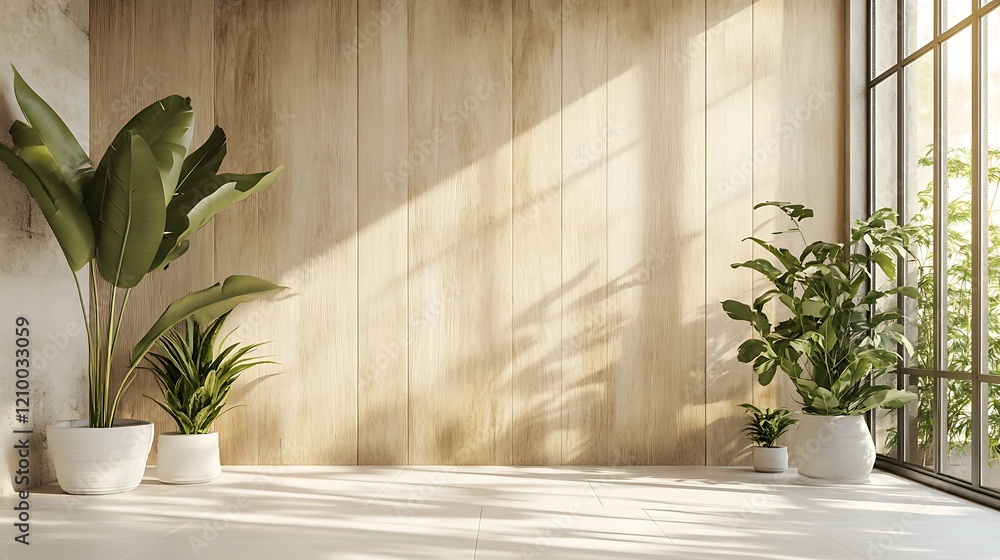 A wooden-paneled wall in an empty room with white tiles on the floor and plants near it. The walls have a natural beige plastered finish A wooden-paneled wall in an empty room with white tiles on the floor and plants near it. The walls have a natural beige plastered finish