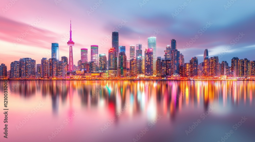 Fototapeta premium Dazzling Cityscape Reflecting on the Rippling Waters at Sunset