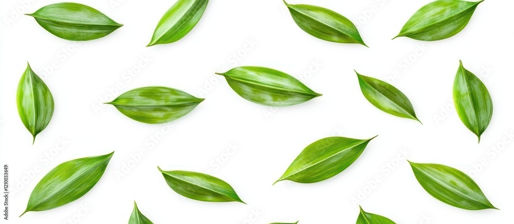 Naklejka premium Green leaves scattered on white background; nature pattern for design