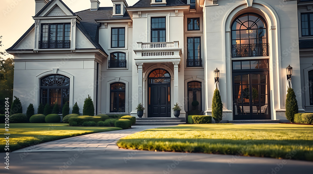 Fototapeta premium Magnificent Mansion: A Symbol of Luxury and Architectural Grandeur. This stunning property boasts exquisite design, elegant landscaping, and breathtaking views.