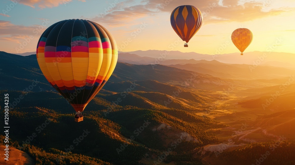 Naklejka premium Stunning Aerial Sunset Scenery with Hot Air Balloons Floating over Rugged Mountain Landscape