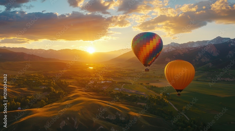 Fototapeta premium Serene Landscape with Hot Air Balloons Floating over Majestic Mountains at Sunset