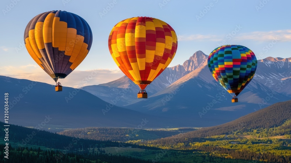Fototapeta premium Colorful Hot Air Balloons Soaring Over Scenic Mountain Landscape at Sunrise or Sunset