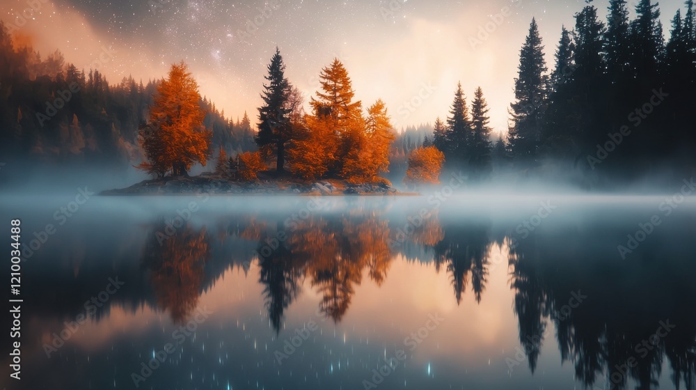 Fototapeta premium Serene Autumnal Landscape with Misty Lake and Vibrant Foliage Reflecting in the Calm Waters