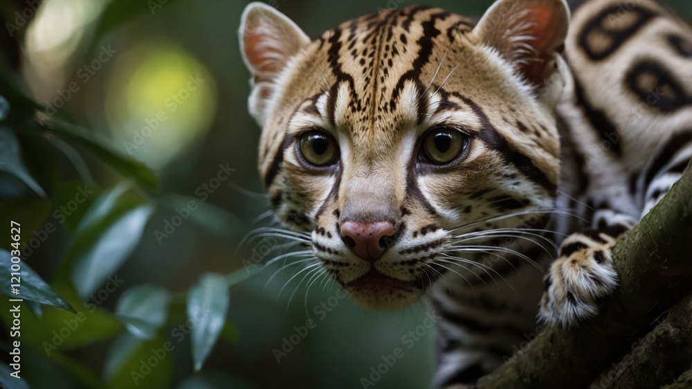 A close-up of an ocelot perched on a branch in a lush, green environment. A close-up of an ocelot perched on a branch in a lush, green environment.