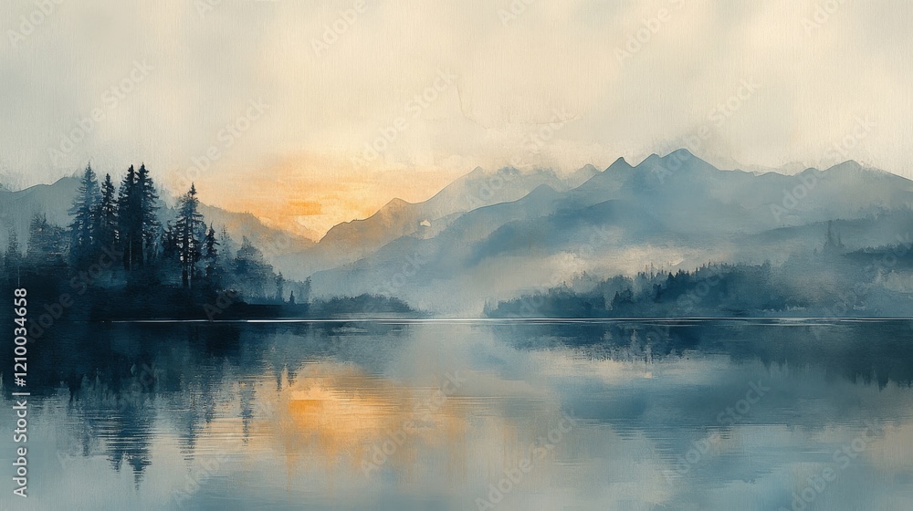 Fototapeta premium Serene Sunset Over Misty Mountain Lake