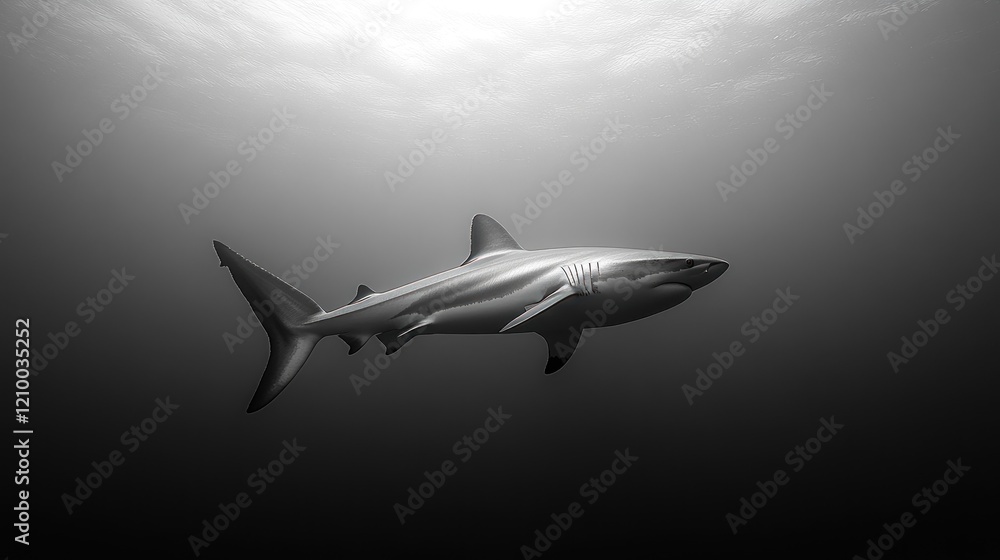 Oceanic shark swimming, deep sea, monochrome, background clouds, wildlife documentary Oceanic shark swimming, deep sea, monochrome, background clouds, wildlife documentary