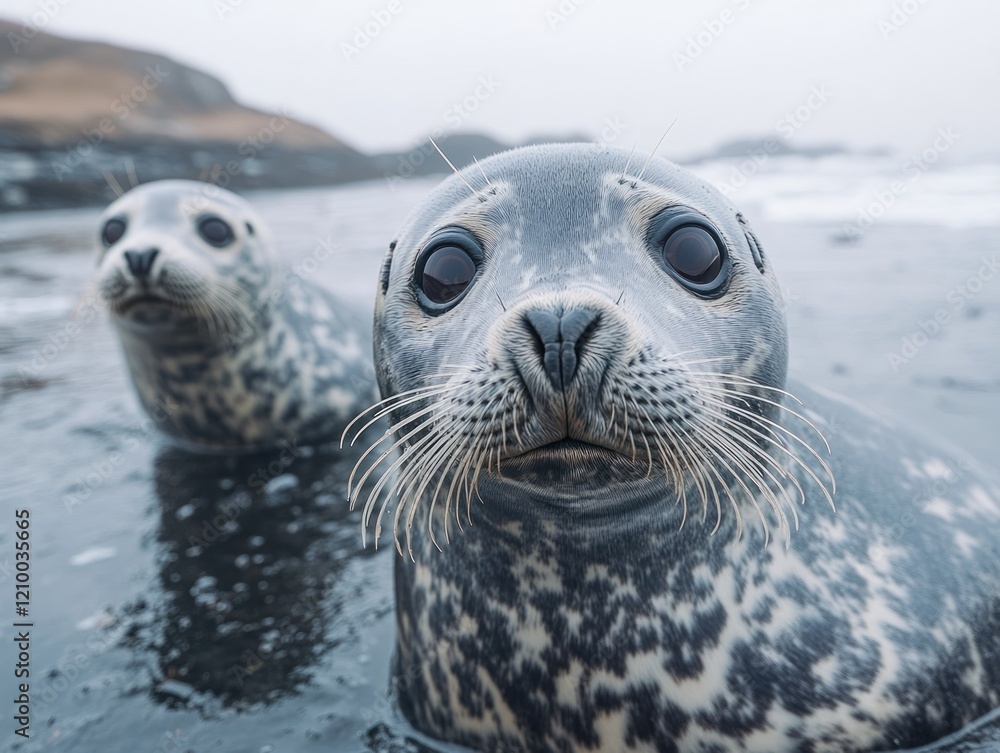 Fototapeta premium Two harbor seals on a beach in the water looking at the camera with cloudy sky background