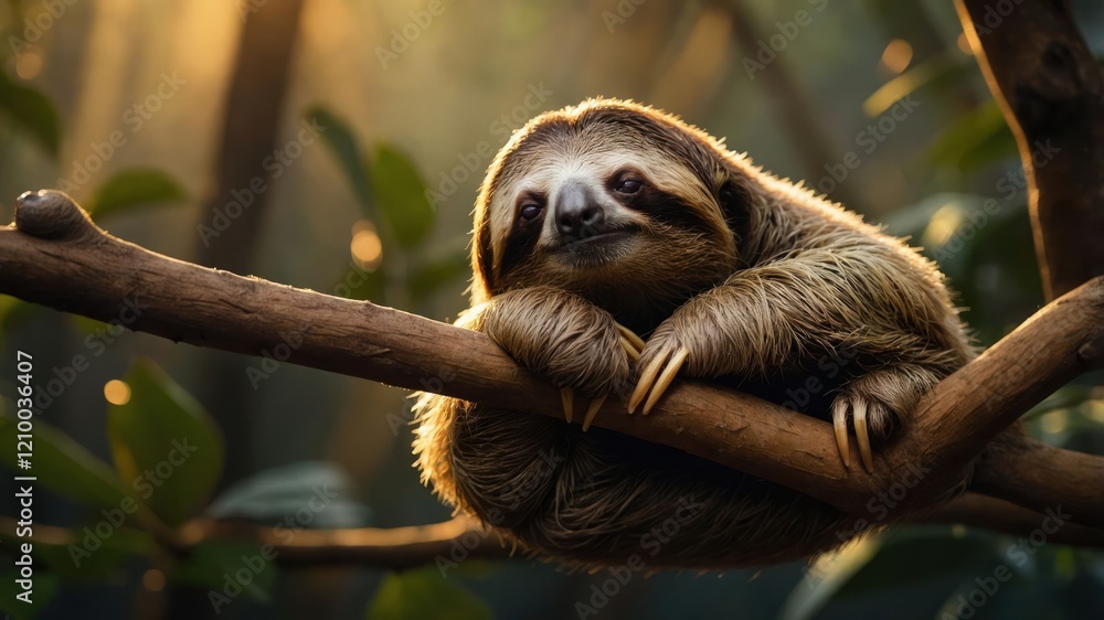 Obraz premium A sloth resting on a branch in a serene forest setting.
