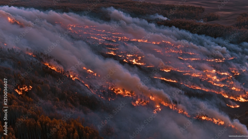 Naklejka premium Aerial view of a forest fire engulfing trees and creating thick smoke