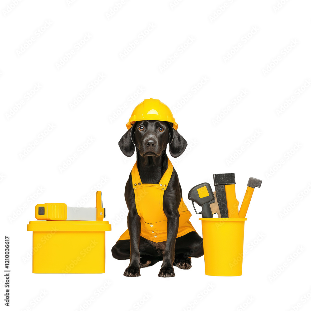 Playful Dog in Construction Gear with Tools and Helmet Playful Dog in Construction Gear with Tools and Helmet