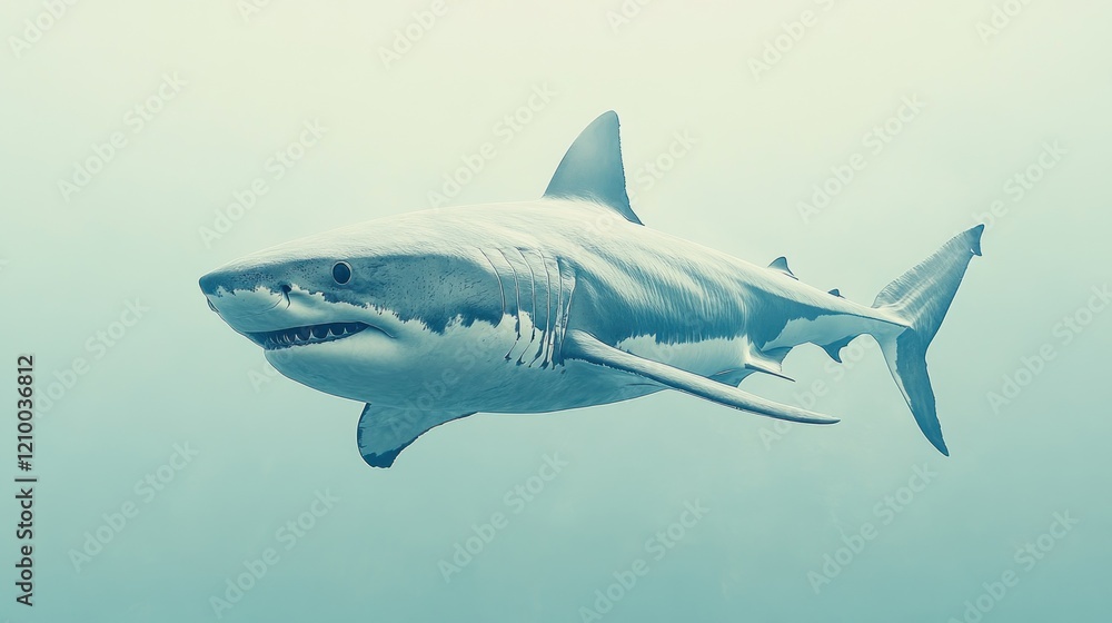 Fototapeta premium Great white shark swimming ocean depths, blurred background, wildlife documentary