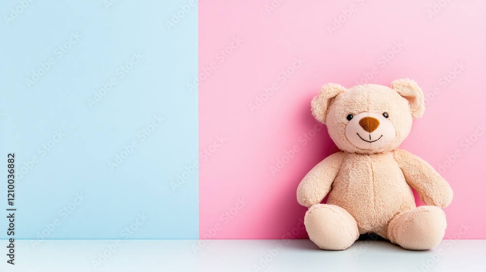 Cute light-brown bear against pink and blue background Cute light-brown bear against pink and blue background