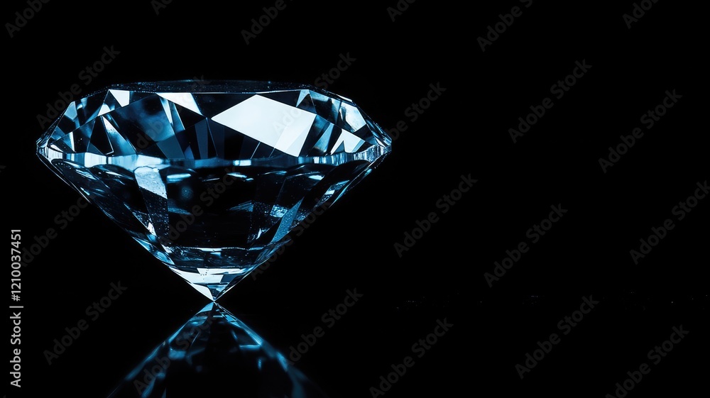 Sparkling diamond on reflective black surface, blue hue Sparkling diamond on reflective black surface, blue hue