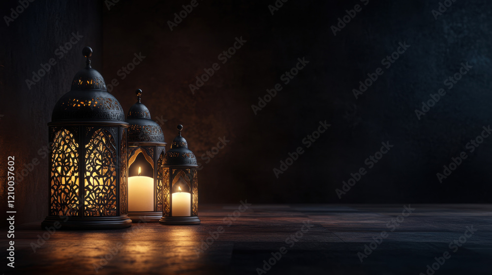 Fototapeta premium Islamic Lanterns Glowing in Dark Elegant Setting – Islamic Festive Background