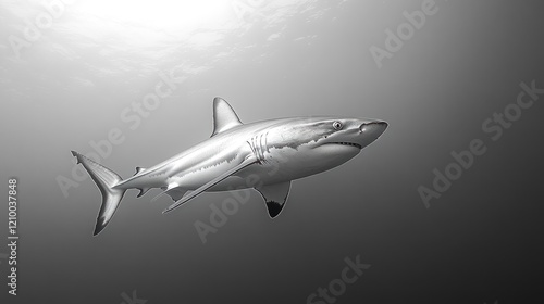 Ocean shark swimming, monochrome, underwater, sunlight, marine wildlife, conservation