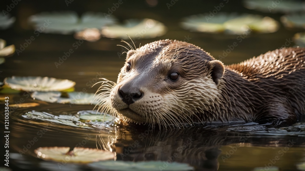 A serene otter swimming among lily pads in a calm body of water. A serene otter swimming among lily pads in a calm body of water.