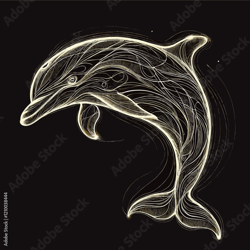 Glowing dolphin illustration with fluid line design on black background photo